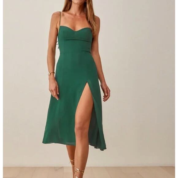 Reformation Juliette Dress Size 10 Green Sweetheart Neckline Slip Midi Tie Strap - Picture 3 of 8